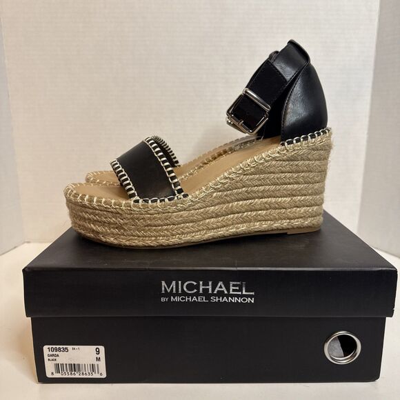 Michael Shannon Womens Garda 9m Black Open Peep‎ Toe Espadrille Wedge Sandals - Picture 2 of 12